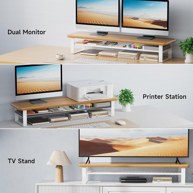 Dual Monitor Stand, 35.4 Inch Monitor Stand Riser for 2 Monitors, 2 Tiers Wood Desk Shelf with Storage, Desktop Organizer Stand for Computer, Laptop, Printer, TV