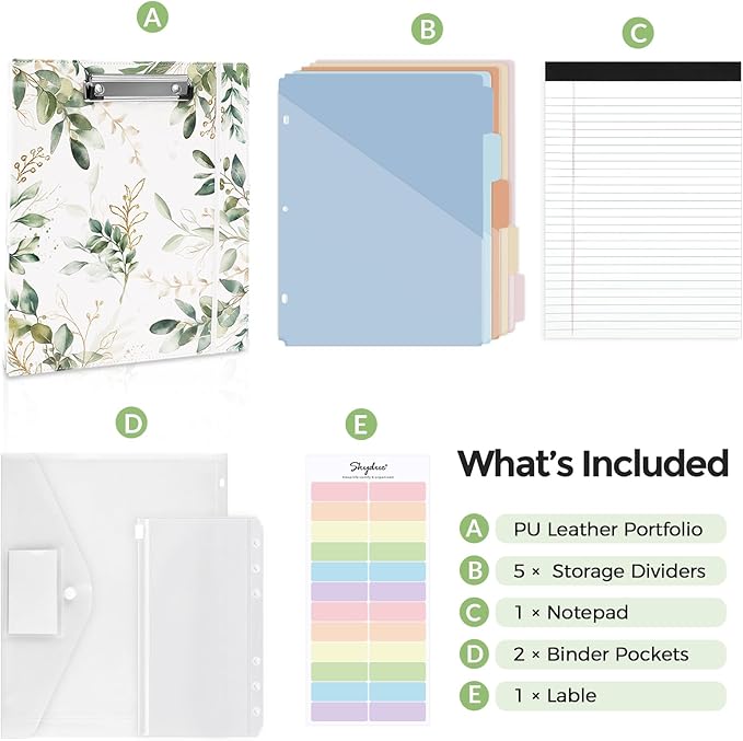 SKYDUE 1 Inch 3-Ring Binder with Clipboard, PU Aesthetic Binder with 5 Dividers, Notepad, Stickers & Pockets for Work and School (Letter Size)