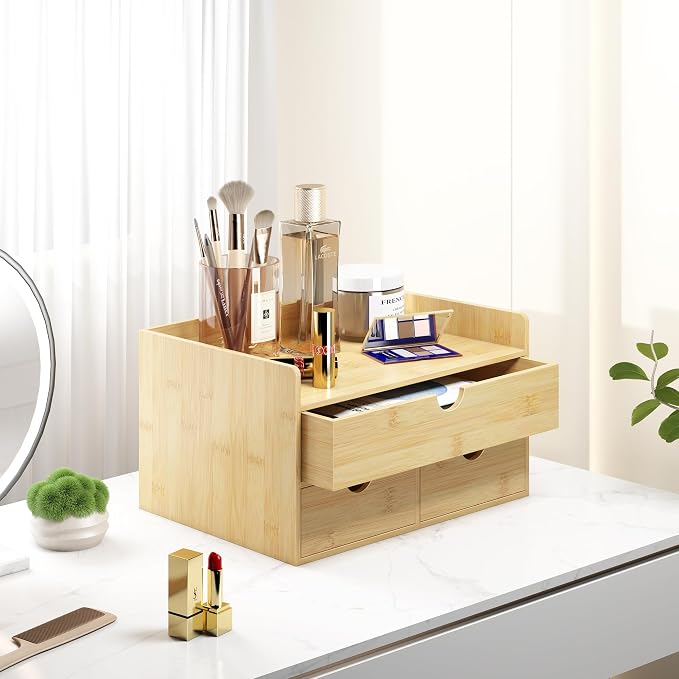 Bamboo Desk Organizer with Drawers, Desktop Storage Box for Office Supplies | 3 Drawers Desktop organizer, No Assembly Required, Natural Wood Wooden Desktop Drawers for Bills, Cosmetics, Seals, Paper