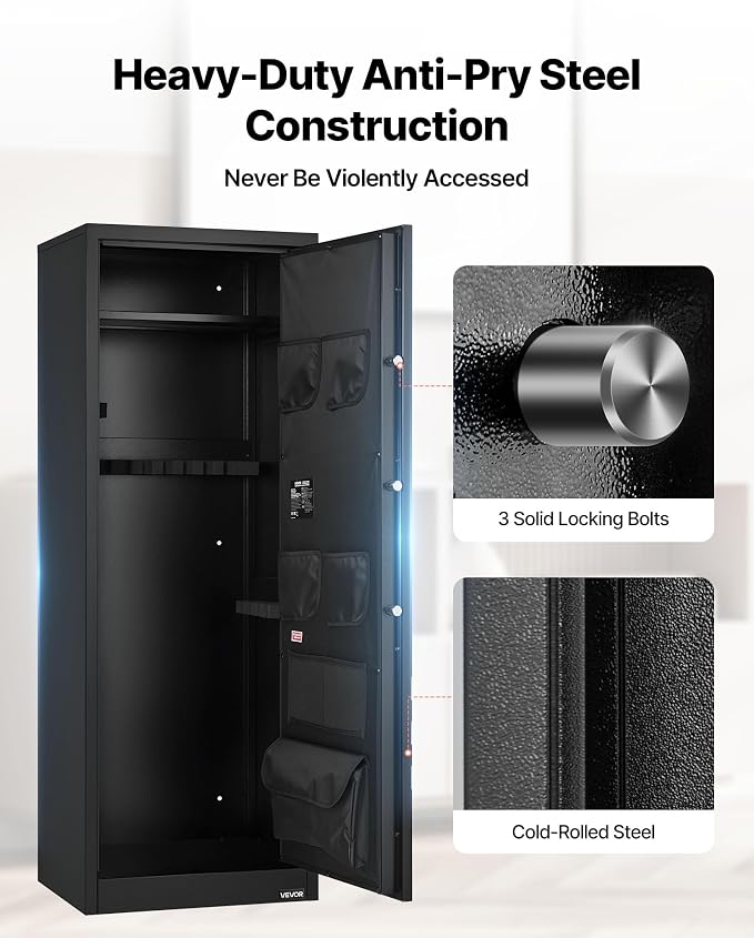 VEVOR 10-12 Gun Safe, Long Gun Cabinet for Rifles and Pistols, Quick Access Rifle Safe with 4 Pistol Pockets and 3 Adjustable Racks, Large Digital Cabinet with Key and Password Lock(Assembly Required)