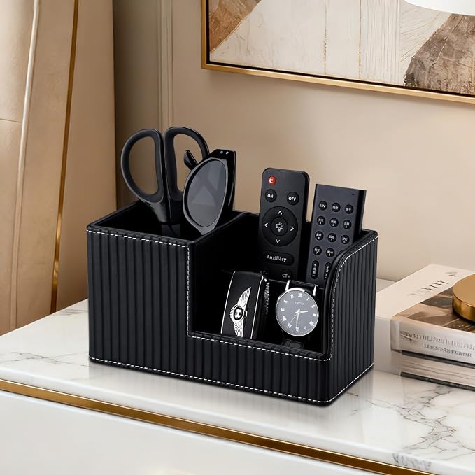 Desk Pen Organizer Office Supplies Caddy Pu Leather Multi-function Storage Box Pen/Pencil,Cell phone, Business Name Cards Remote Control Holder (Black)