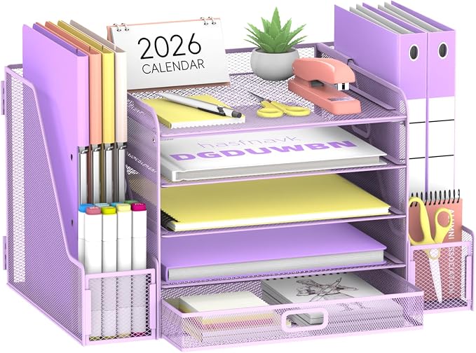 Mesh Desk Organizer with File Holder, 5-Tier Paper Letter Tray Organizer with Magazine Holder, Desktop Organizer and Storage with Drawer for Office Supplies Home or School (Purple) | Two side magazine holders and a bottom drawer store papers, folders, ...