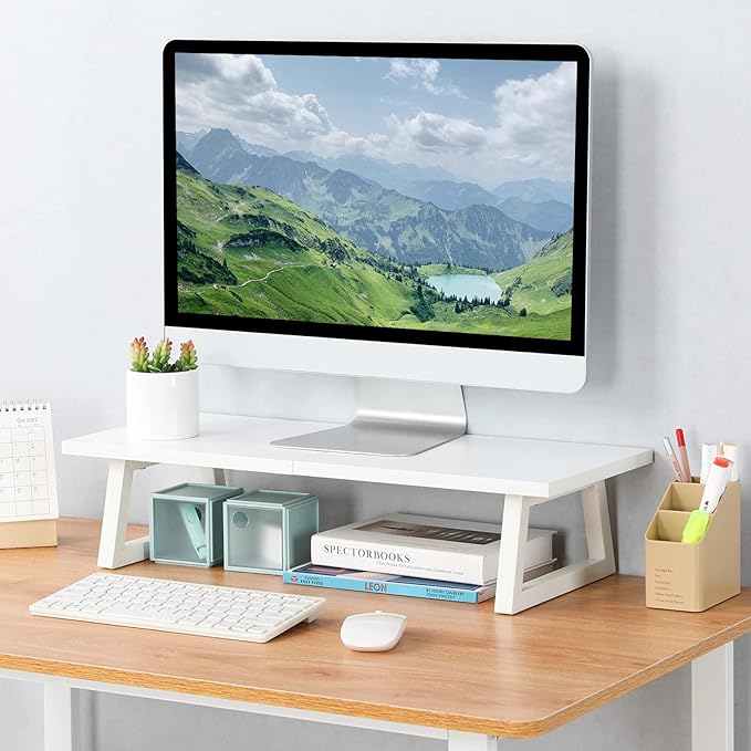 TEAMIX 24 inch Monitor Riser for Desk, Wood & Steel Computer/TV Stand White | Laptop, PC, Printer Stand Riser, Holds 150lbs, Desktop Organizer, Keyboard Storage, for Office, Home, Gaming, Craft Space