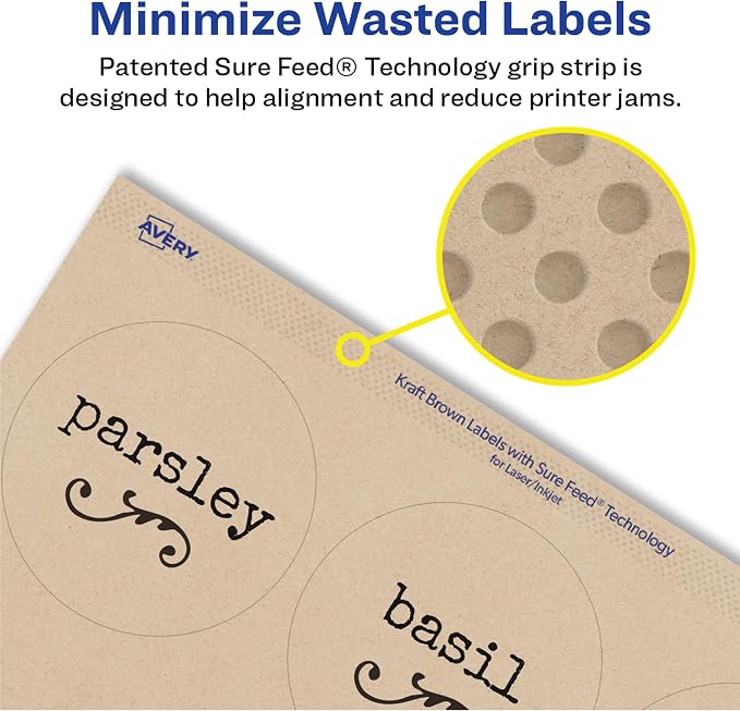 Avery Kraft Brown Round Labels with Sure Feed Technology, 2.5" Diameter, Print to the Edge, Laser/Inkjet Printable Labels, 2 Packs of 22808, 450 Total (5639)