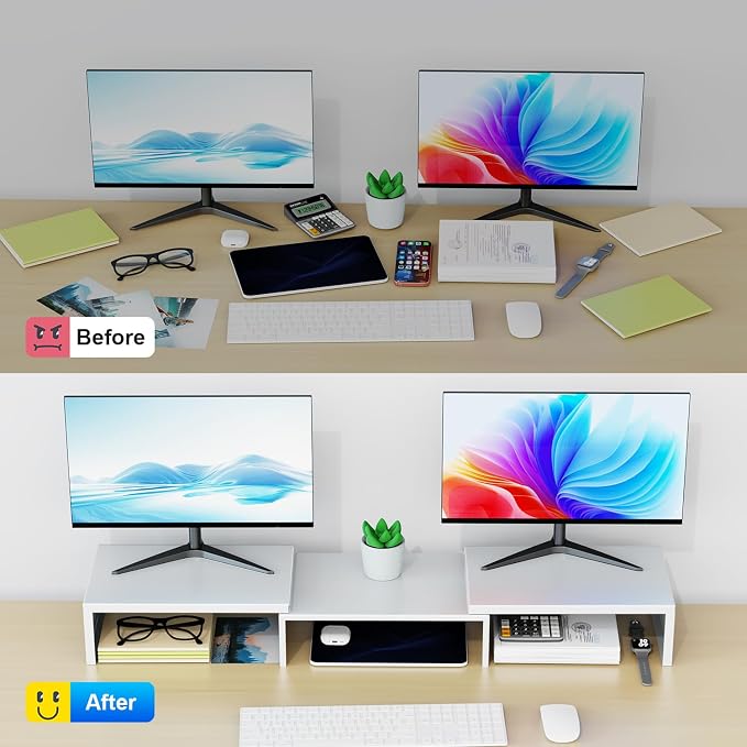 Dual Monitor Stand Riser | Monitor Stand for Desk, Metal Computer Stand, Desk Shelf Riser,Desktop Organizer for Home and Office Use (White)
