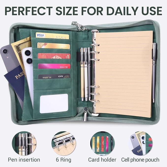 A5 Binder 6 Ring with Zipper, Portable Planner for Travel & Study | Faux leather A5 planner with detachable 6 rings, lined pages, pouches, card slots and pen holder for daily use.