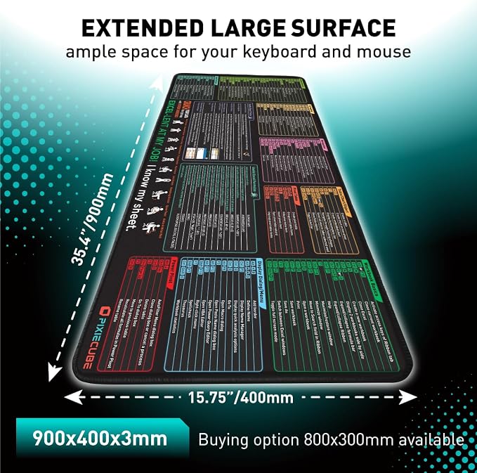 Pixiecube Excel Shortcut Keys Mouse Pad - Extended Large XXL Cheat Sheet Gaming Mousepad | PC Office Spreadsheet Keyboard Mat | Non-Slip Stitched Edge