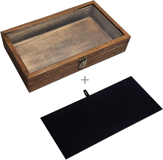 MOOCA Wood Jewelry Display Case with Tempered Glass Top, Velvet Pad | Wood display case with a glass top and removable black velvet pad accommodates taller jewelry and collectibles.