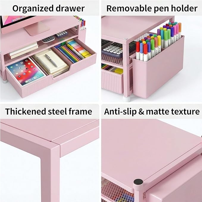 ECOLOVI Desk Organizer and Accessories, 2-Tier Computer Monitor Stand Rise with Storage Drawer & 2 Pen Holders, Laptop & Printer Stand for Desktop, Workspace Organizers for Office Supplies (Pink)