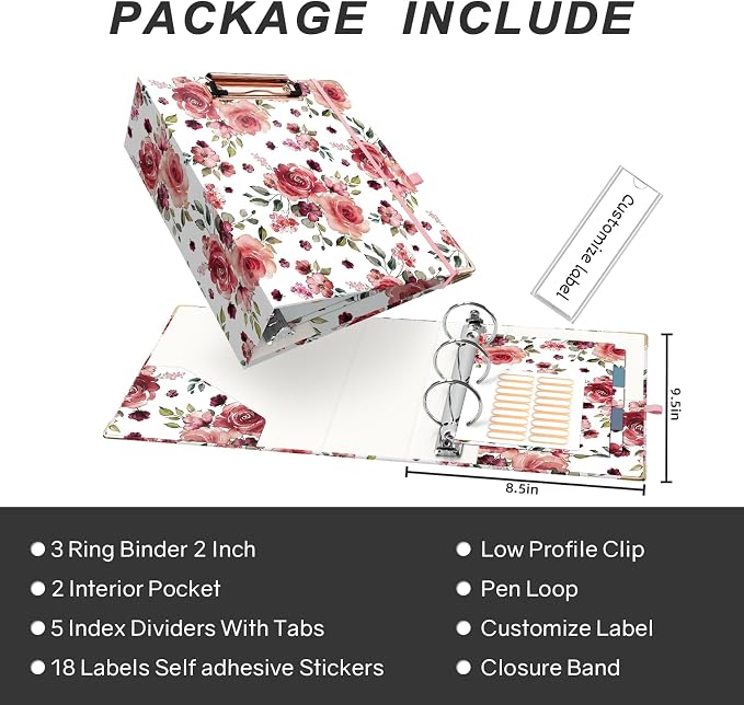 EYROZILL Mini Binder 3 Ring 2 Inch for 5.5" x 8.5" Paper with 5-Tab Dividers, A5 Binders with Clipboard for School Office Supplies and Home, Rose