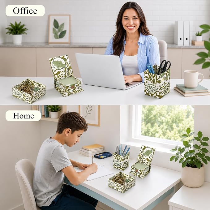 CPC Agate Green Block Print Set of 3 Desk Organizer Pen And Sticky Note Holder Cute, Aesthetic, Decor accessories, workspace organizers, Caddy Storage, Gift for Office, Professionals, Student