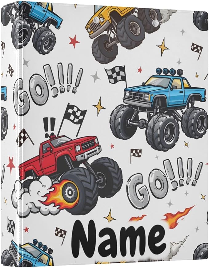 Custom 3 Ring Binder Truck Racing Car Flag 1.5" Round Ring Binders Personalized Name View Binder with 200 Sheet for Kids School Supplies Women Men Office, 1 Pack