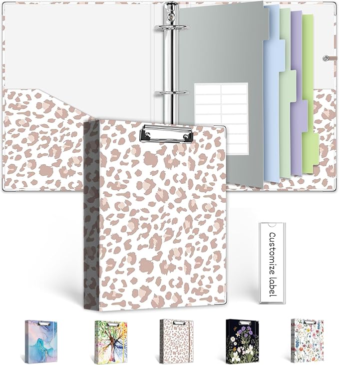 Mini 3 Ring Binder 1 Inch for 5.5"x8.5" Paper, Cute Small Three Ring Binders with Clipboard,5-Tab Dividers, Interior Pocket, Spine ID Label Holder, BVSSX A5 Binder with Pen Holder,Leopard