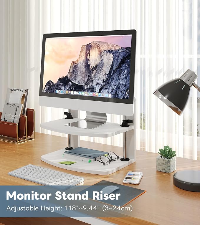 Computer Monitor Stand Riser for Reduced Neck Strain, Adjustable Height Desk Shelf Organizer Monitor Riser Stand for PC Monitor - Not for Laptop - Withe - Wood Grain, MR01-M