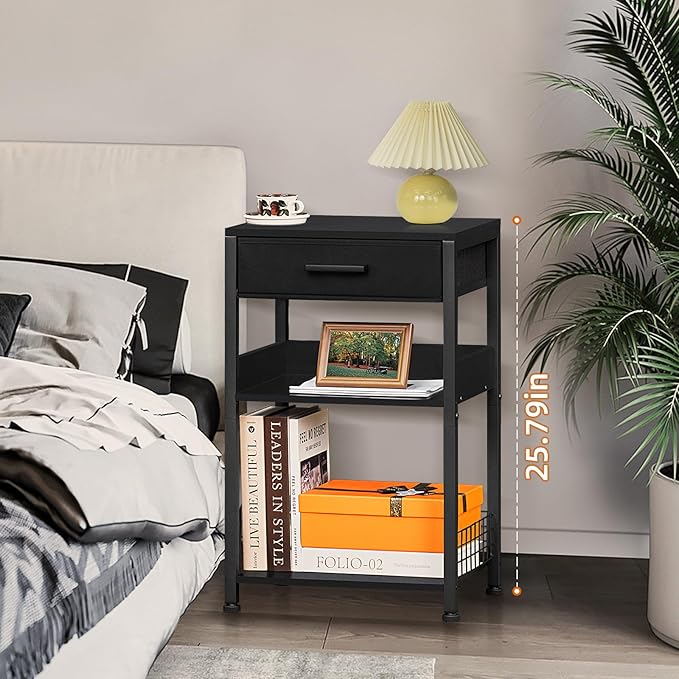 Lerliuo 3-Tier Printer Stand with Fabric Drawer and Shelves, Pure Black | Three-tier printer stand with fabric drawer and two shelves for paper, office supplies, scanners and fax machines