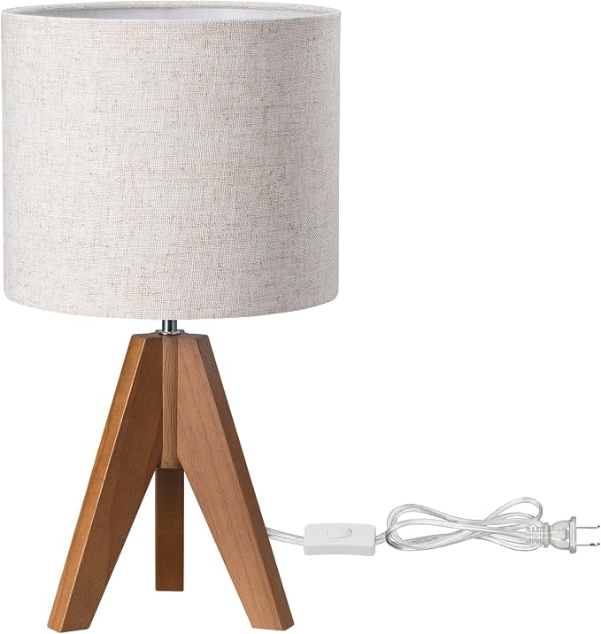 EDISHINE Tripod Table Lamp, Small Cute Bedside Lamp, 14.2 Inch, E26 Base | Light Brown Wooden Base, Linen Beige Lampshade, Nightstand Lamp for Nursery, Bedroom, Kid Room, Living Room