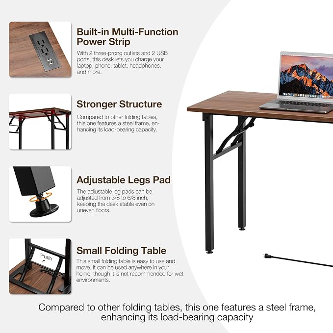 TEMI Long Computer Desk Folding Table - No Assembly, Compact 55.1" Foldable Desk with Power Outlets & USB Charging Port, Portable Lagre Office Desk, Ideal Large Study Table for Narrow Spaces, Walunt