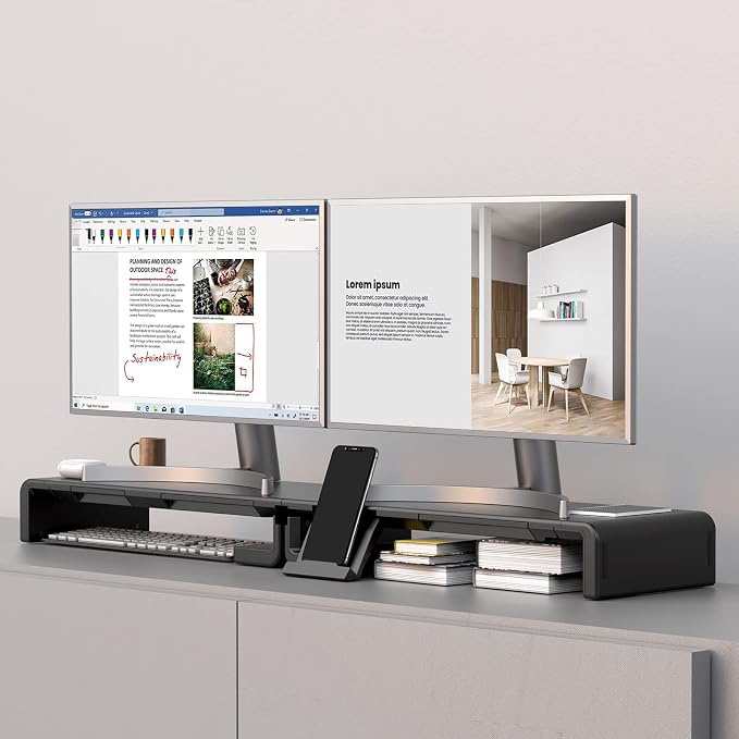 Klearlook Computer Monitor Stand for Desk, Adjustable Foldable Monitor Riser with Storage Drawer & Tablet Phone Holder for Office, Home, Laptop, Desktop (Black 2 Pack)