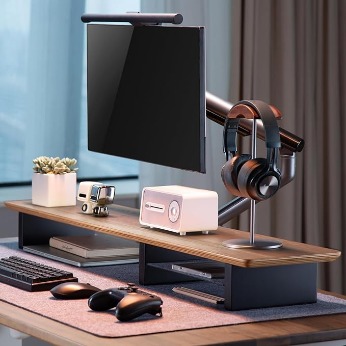 Walnut Monitor Stand for Desk (44 Inch) Large Monitor Stands for 2 Monitors, Desk Shelf for Top of Desk Walnut Monitor Shelf
