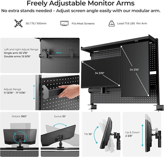 EUREKA ERGONOMIC Desk Pegboard Dual Monitor Stand 43x34 Black | Steel pegboard with dual monitor stands, privacy panel and 4 modular accessories for organized gaming and office setups