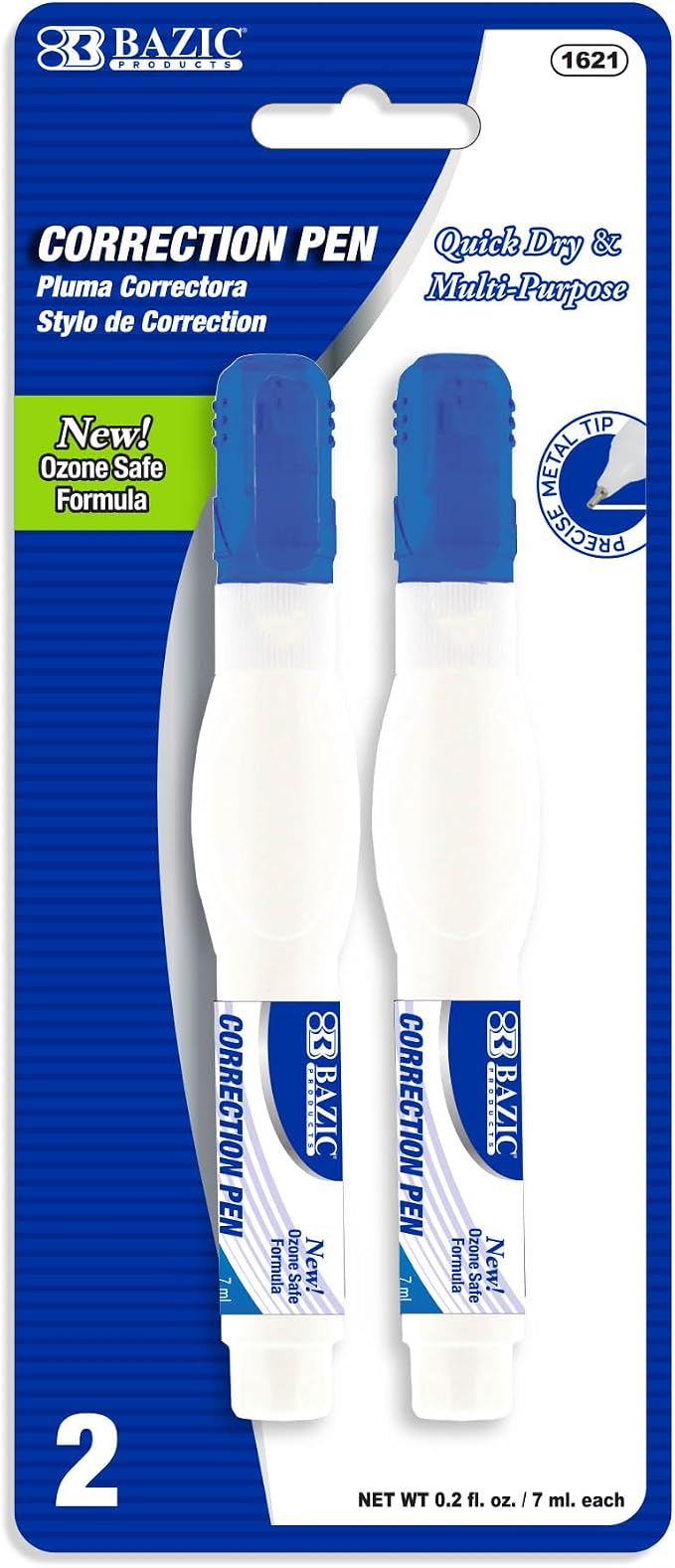 BAZIC Products Correction Pen, Metal Tip, Quick-Dry White, 7mL, 2 Pack