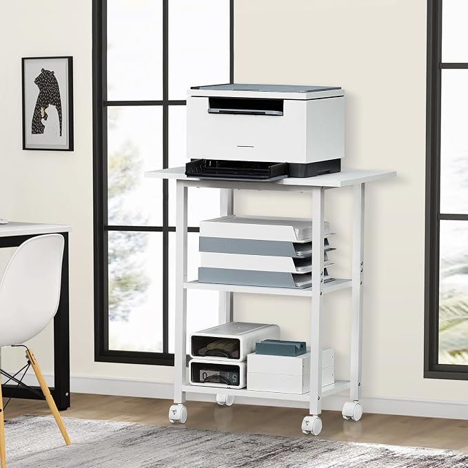 Lerliuo 3-Tier Printer Stand, Industrial Mobile Printer Table with Storage Shelf and Steel Frame, Rolling Printer Cart Holder with Lockable Wheels for Home, Office (White) | White Mobile Printer Cart Holder for Home Office, Lockable Wheels, Open Storag...