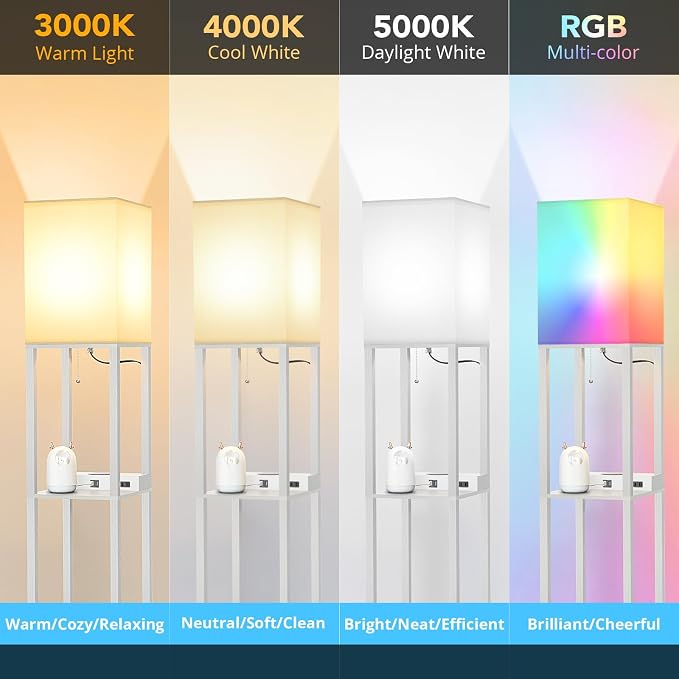 Shelf Floor Lamp with Wireless Charger, USB, Type C, AC Port, Grey | Fast Charging USB Ports & Type C Port & 2 Power Outlets, 3 Tier Storage Shelf Lamp, E26 Base, 60W Max(Bulb Not Included)