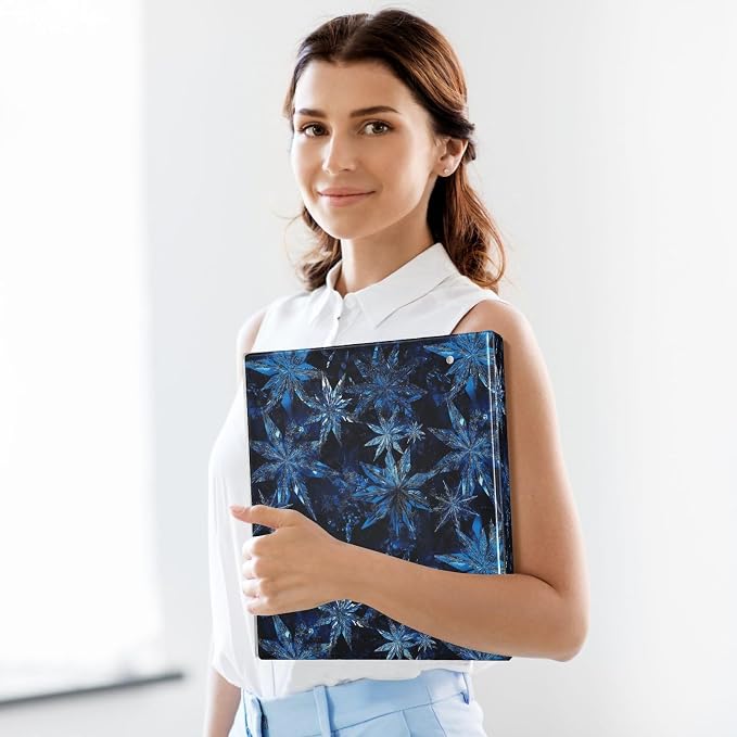 Blue Crystalline Snowflake 3 Ring Binder 1.5" Decorative D-Ring Binder with Clipboard&3 Clear Pockets, Holds 200 Sheets A4 Size Paper Waterproof Binders for School Home Office