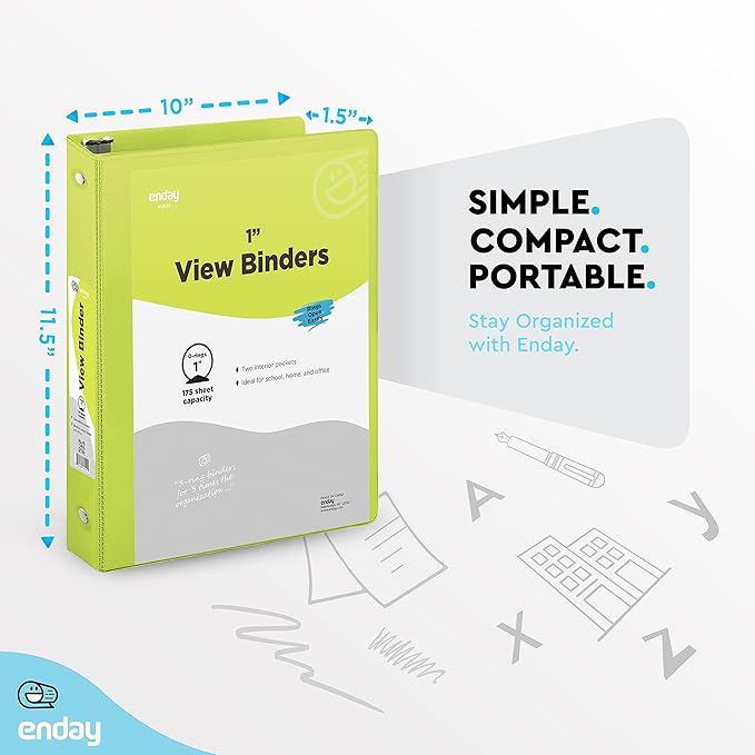 Enday 1 Inch Binder (6 Pack - Green) 3 Ring Binder 1 inch with Clear View Cover and 2 Inside Pocket - for Letter Size 8.5 x 11'' Paper, Ideal for School Supplies, Office, and Home
