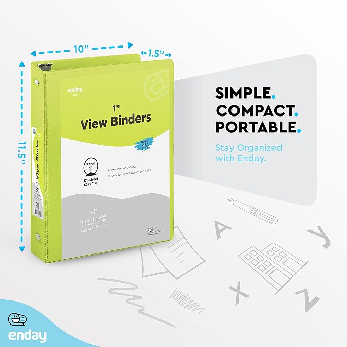 Enday 1 Inch Binder (6 Pack - Assorted Colors) 3 Ring Binder 1 inch with Clear View Cover and 2 Inside Pocket - for Letter Size 8.5 x 11'' Paper, Ideal for School Supplies, Office, and Home