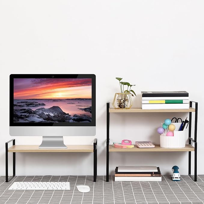 YGYQZ Desk Shelf Organizer for Top of Desk, 3-Tier Desktop Bookshelf, Black & Wood