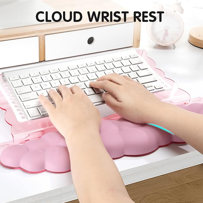 Pink Acrylic Keyboard Stand with Wrist Rest，Detachable/Adjustable Width | Ergonomic Cloud Wrist Rest Keyboard Support，Width Adjustment 9.7-16.8 In,for Laptop,Office Desk - Portable Comfortable Typing