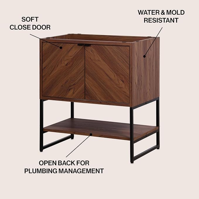 JONATHAN Y Juhl 30" Chevron Freestanding Bathroom Vanity Cabinet, Walnut | Modern Minimalist Design, 18" Deep 33" Tall, 2 Soft-Close Doors, Interior And Open Shelves, Sink Not Included