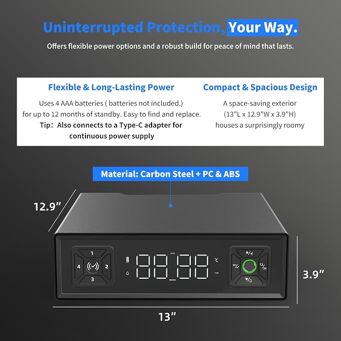 Smart Safety Box, Biometric Gun Safe for Handguns, Portable Security Safe with Fingerprint Lock, RFID Card, Keys, Anti-Theft Steel Cable, for Home & Travel, USB Charging, 2.4L Capacity