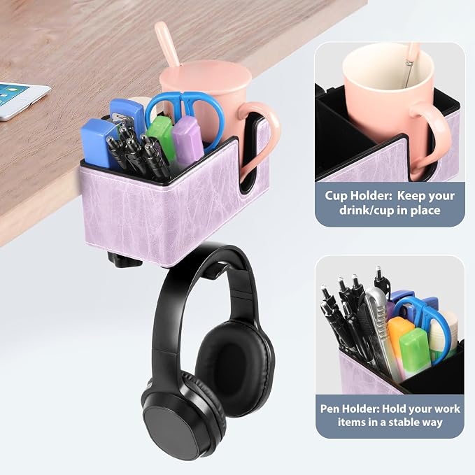 Under Desk Cup Holder Clamp on Cup Holder PU Leather Clip on Desk Organizer | Desk organizer with pencil holder clamp on side, under desk hanging organizer, clip on cup holder desk phone stand holder PU