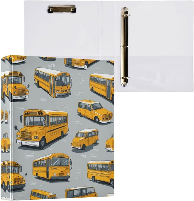 Caikeny 3 Ring Binder Cartoon Yellow School Buses 1.5 Inch Binders Round Ring Clipboard with 2 Pockets for Office Supplies