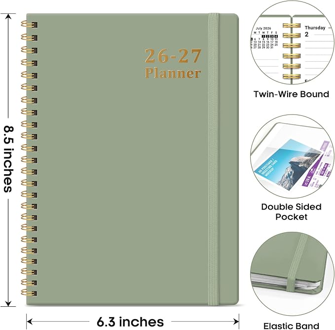 Taja Planner 2026-2027, 6.3" x 8.5" Calendar Planner, Jul 2026-Jun 2027 | A5 Hardcover Weekly & Monthly Academic Year Planner, Large Planning Agenda With Tabs, School & Office Supplies, Green