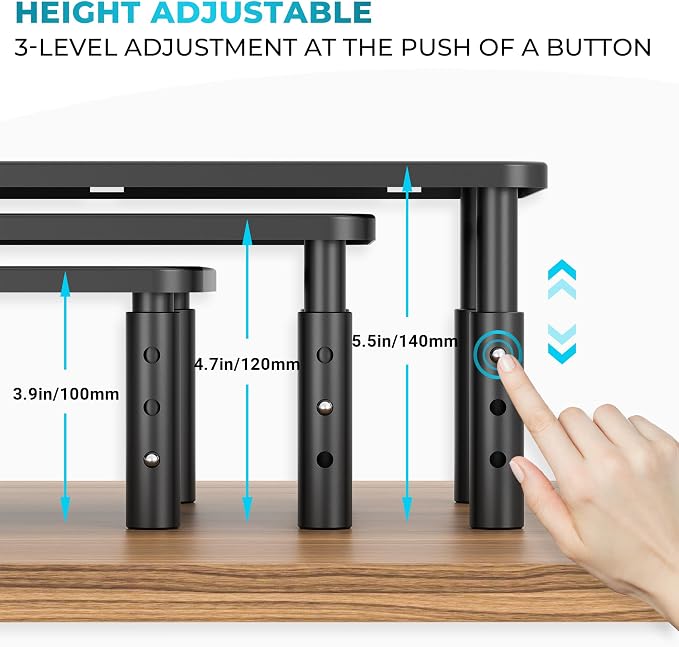 BONTEC Monitor Stand for Desk 2 Pack, Ergonomic Metal Monitor Riser | 3-Level Height Adjustable, 14.5 x 9.1 in Computer Stand with Pen Holder & Cable Management for Laptop and Office Workstation
