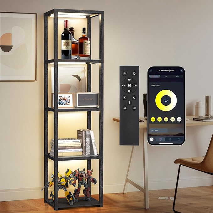 OUTON 67" Glass Display Shelf with Dimmable LED Floor Lamp, Collectibles Display Cabinet with Remote & App Control, 5 Tier Open Bookshelf Lamp for Living Room, Bedroom, Office, Home Decor, Black