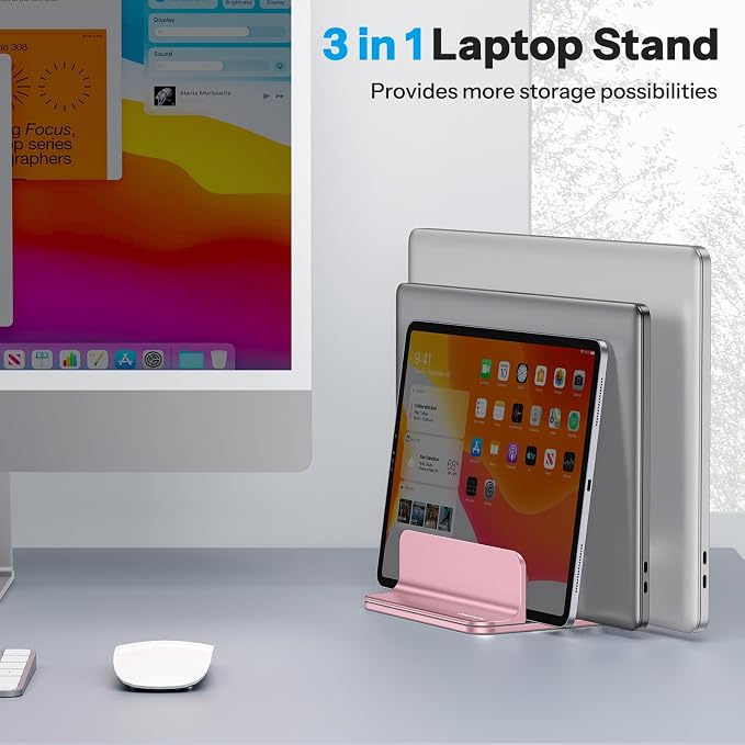 OMOTON 3-Slot Multiple Vertical Laptop Stand, Fits MacBook, Rosegold | Adjustable Width 0-1.38", Aluminum Office Space-Saving for Desk, Fits MacBook/Book/iPad Up to 17.3in