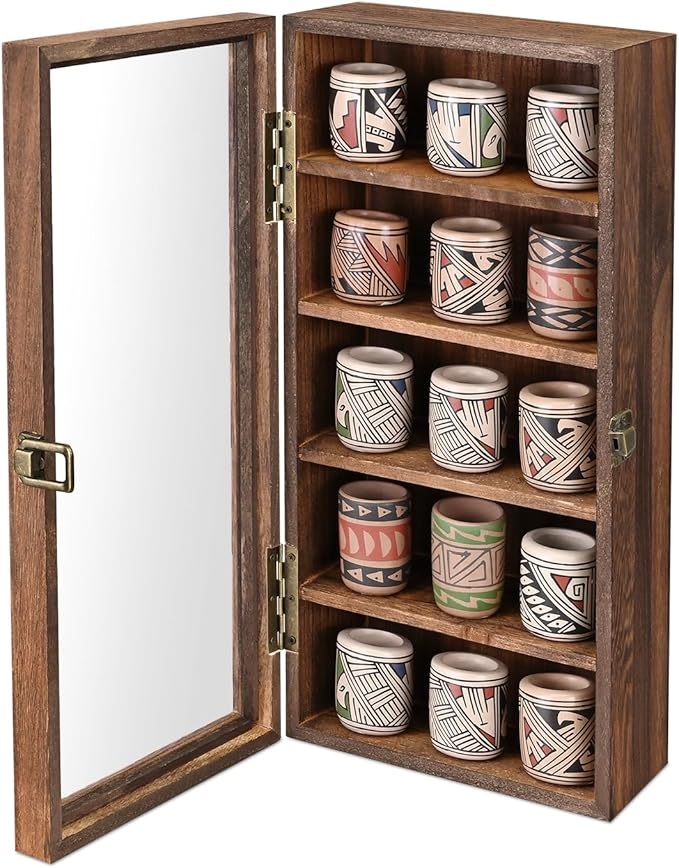 Ikee Design Wood 5 Shelf Wall-Mounted Case Display,Tempered Glass Door | Wall Mounted Wooden Collectible Display Case 5 Shelf Display Storage Accessories with Tempered Glass Door, Brown Color