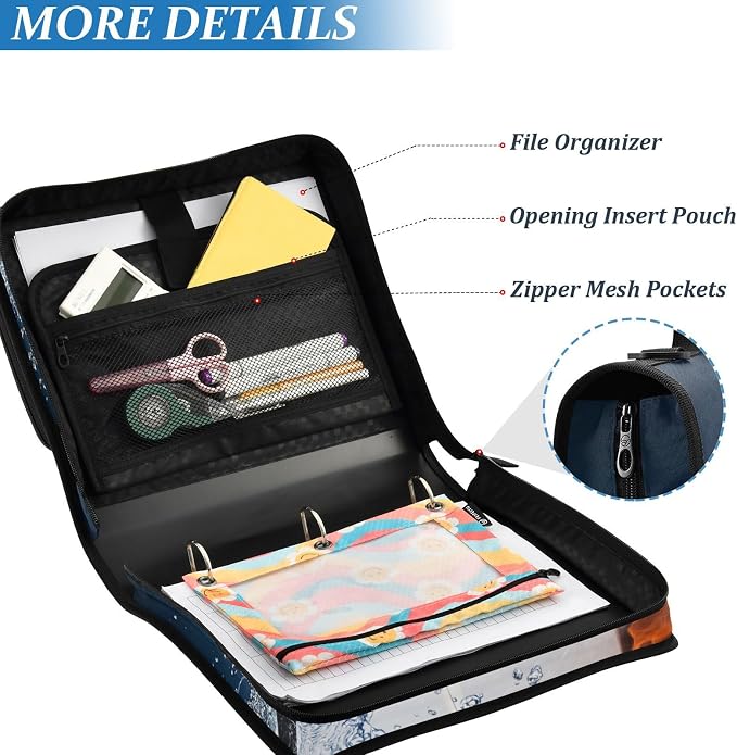 Water Fire Soccer Zipper Binder Bag 3 Ring Binder with Shoulder Strap Zip Up 500 Sheets Capacity Multi Pockets for School Office Supplies