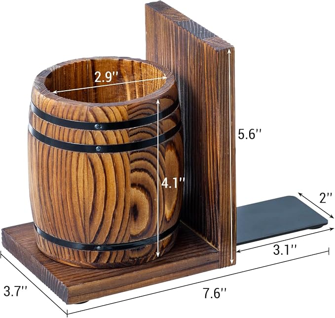 MyGift Rustic Wood Bookends with Pen Holders, Wine Barrel Design, 1 Pair | Built-in storage cups keep pens, pencils, and desk essentials organized while supporting books on shelves or desktops