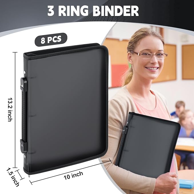 Teling 8 Pcs 1 Inch Zipper Binder 3 Ring Organizer, Black | Secure Zipper Closure, Refillable 3 Ring Design, Handle Carry, Fits Letter Size Papers for School, Office and Projects