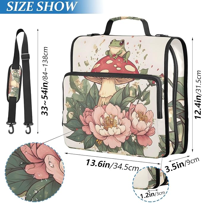 3 Ring Zipper Binder with Shoulder Strap Mushroom Frog Flower 1.5 inch Binders Keeper Large Capacity Multi Pockets for School Office Supplies