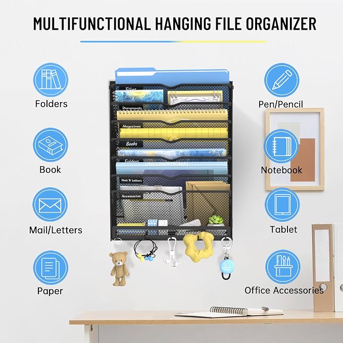 8-Tier Wall File Organizer with Hooks, Hanging File Organizer | Metal Mesh Mail Organizer, Wall Mounted File Organizer for Home, Classroom, Office Organization