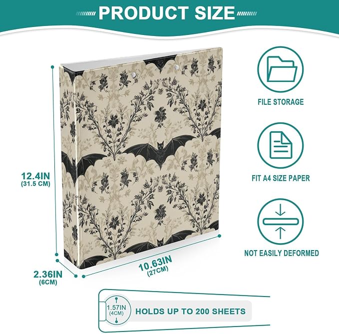 Gothic Bat Round Ring Binders Floral (5) 1.5 Inch 3 Ring Binder with Clipboard Holds 200 Sheets Office Home School