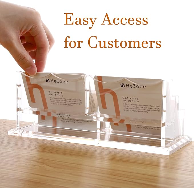 HeZone Business Card Holder Display for Desk, Cards Organizer Case for Women and Men 4 Slot 2 Tier, Clear Acrylic Business Card Stand Rack with 1 Pack (4 Grid-H)