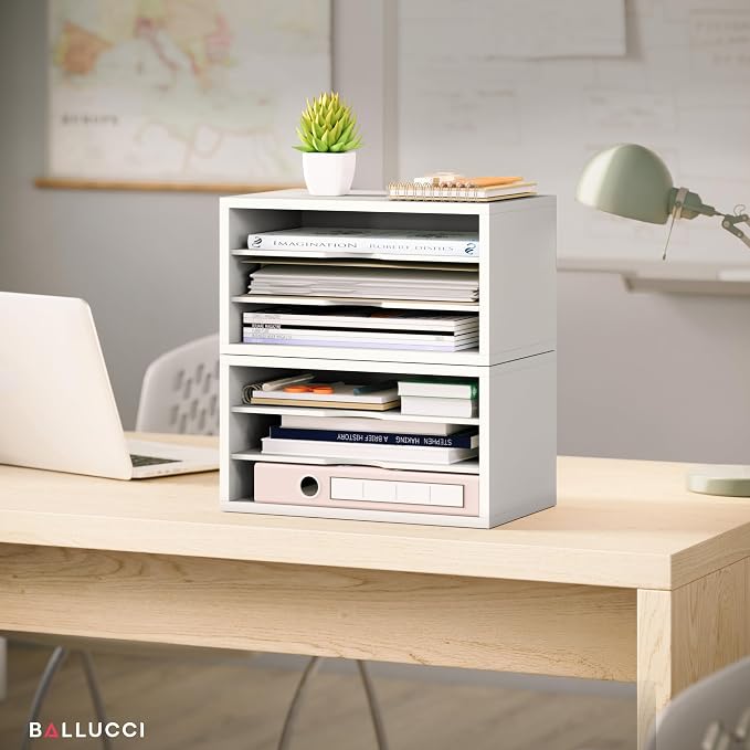 Ballucci File Organizer, 3-Tier Document Paper Sorter, Stackable Wood Desk Organizer, Mail Sorter and Monitor Stand with Storage Shelves, White