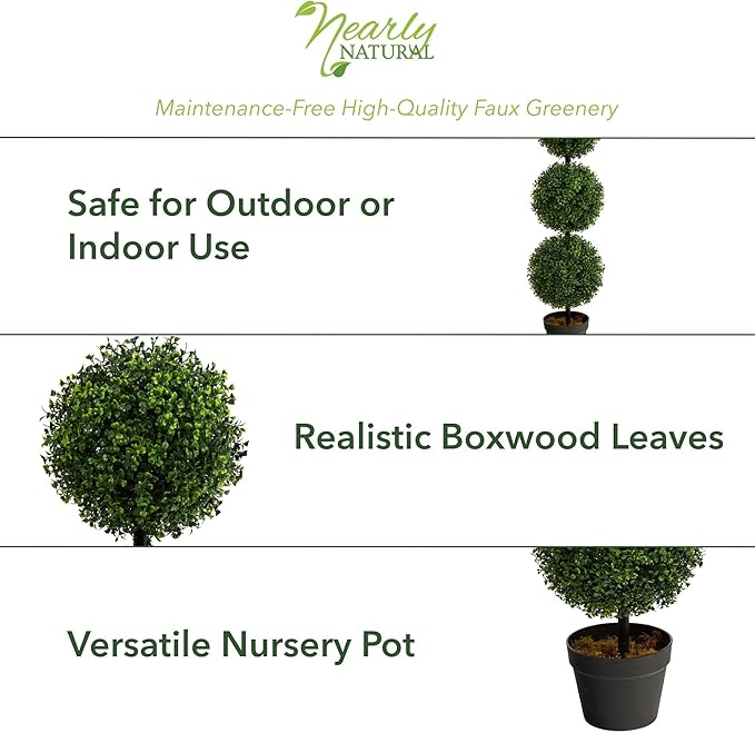 Nearly Natural 36 in Artificial Triple Ball Boxwood Topiary Tree with Pot | For Indoor or Outdoor Use, Realistic Faux Greenery, Home Patio and Office Decor, Low-Maintenance